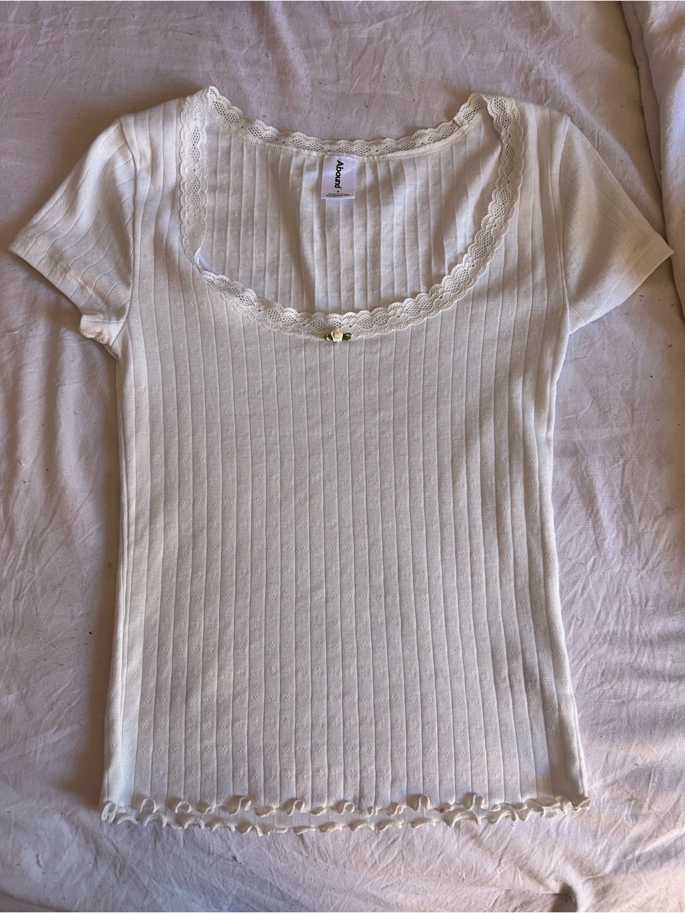 Abound Cream Ribbed Short Sleeve Lace-Trim Top never worn without tags